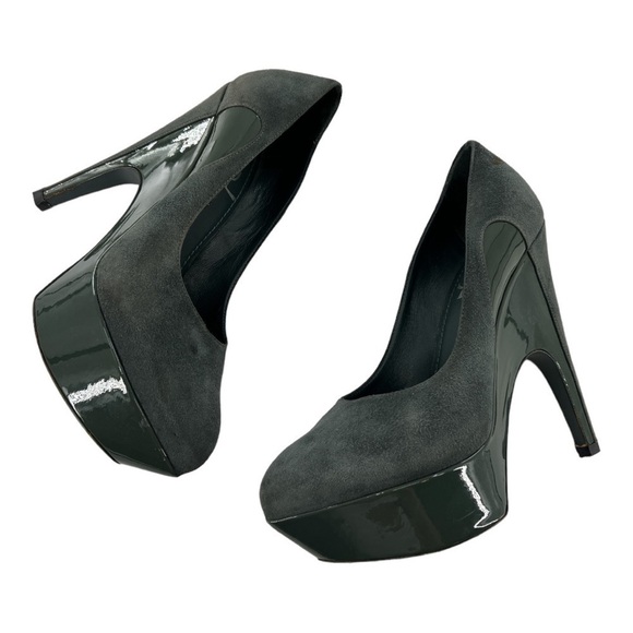 YVES SAINT LAURENT SUEDE AND PATENT LEATHER PLATFORM PUMPS Gray/Green 36 US 6 - Picture 10 of 16